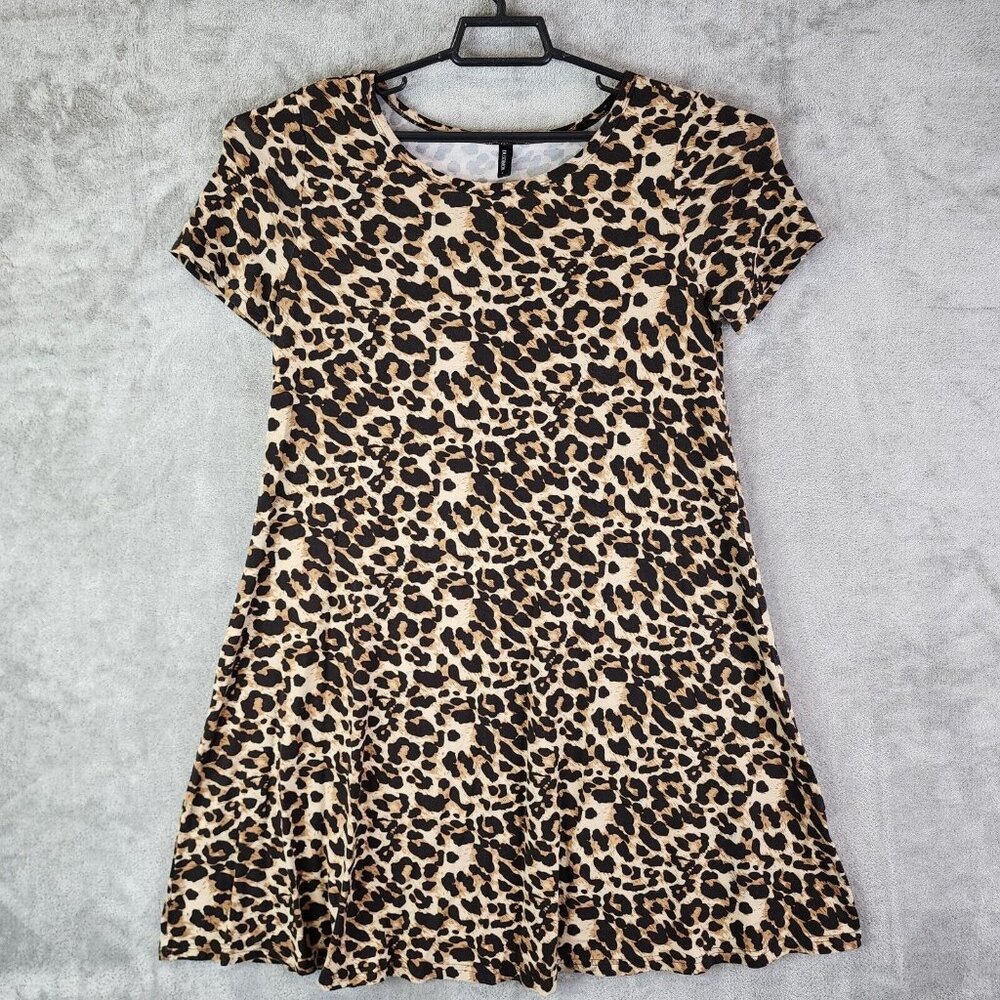Womens Brown DUSDIMON Dress Animal Print Summer Casual Simple Short Sleeve L